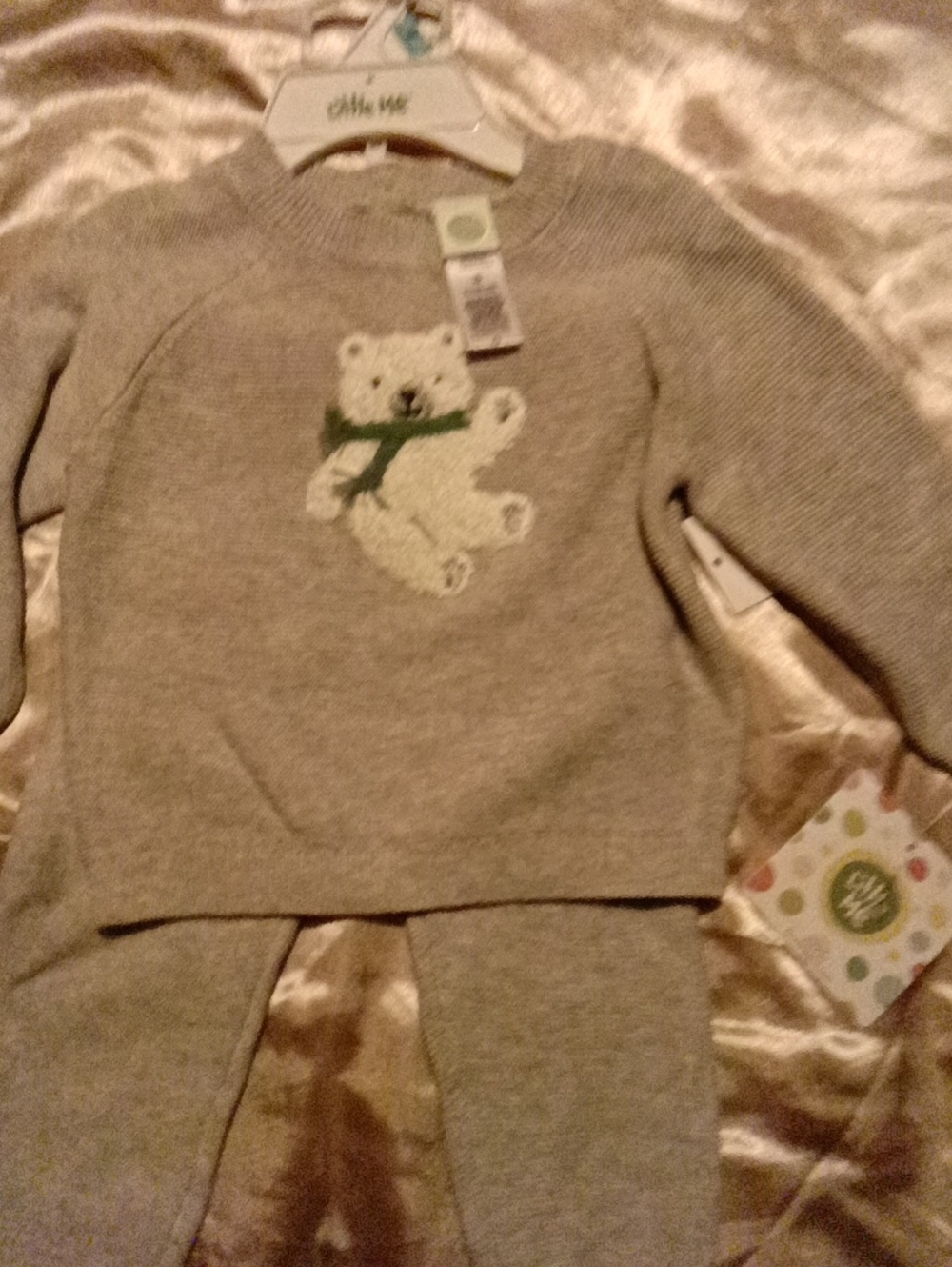 Little Me Gray Sweater with White Polar Bear and Green Scarf